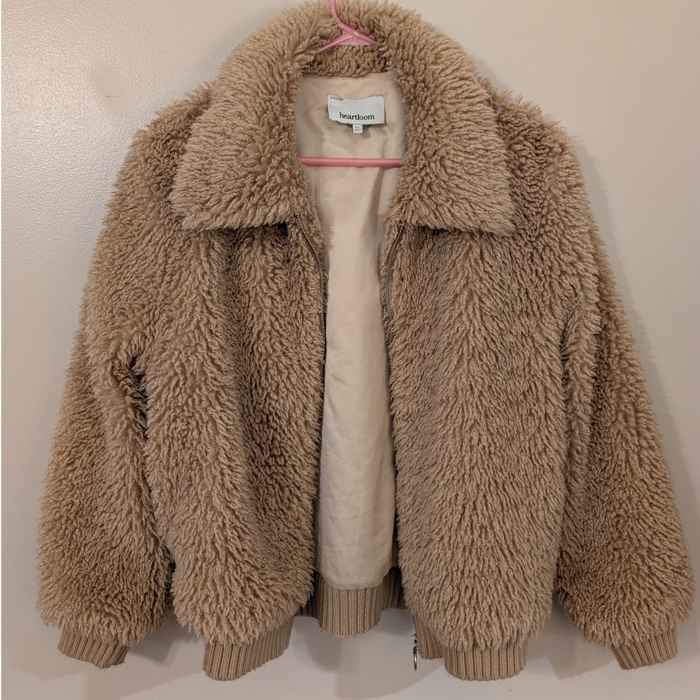 Heartloom Tan Faux Fur Teddy Jacket Sherpa Bomber Zip Up XS 196UJ2A - Picture 5 of 5